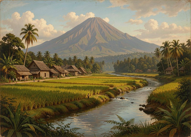 Vintage oil painting of a Southeast Asian rural village, rice paddies, winding river, palm trees,...