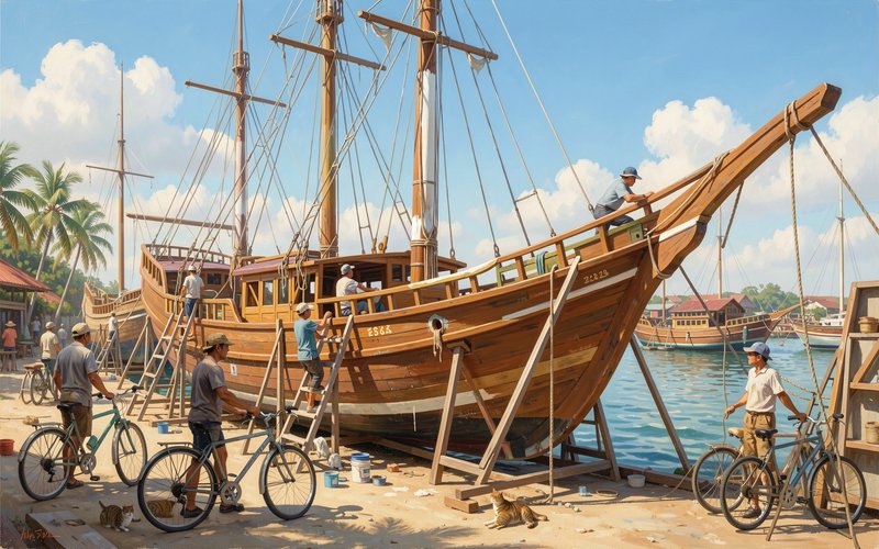 Bright sunny tropical boatyard, workers repair a large wooden tall ship on dry dock, with bicycle...