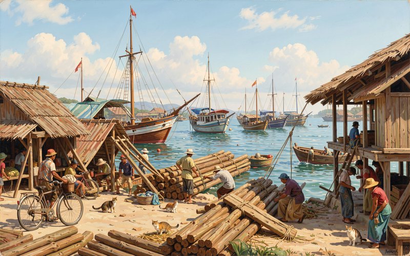 Detailed painting of a busy tropical coastal port, villagers work beside stilt huts, anchored woo...