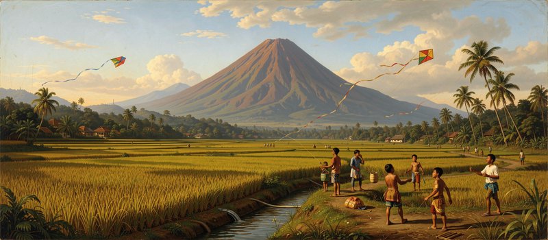 Painting of children flying kites beside golden rice fields, with a tall conical volcano and palm...