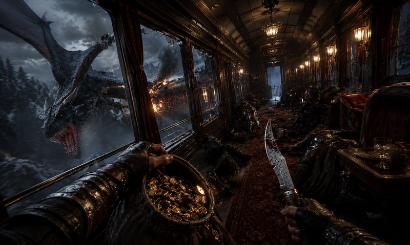 First-person view inside luxury train car, menacing dragon lunges through window as viewer holds ...