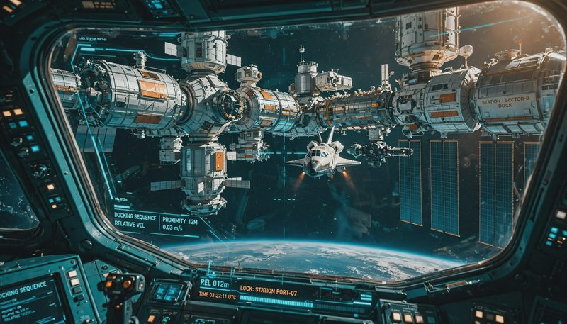 Cockpit view from a spacecraft of a shuttle preparing to dock with a modular space station orbiti...