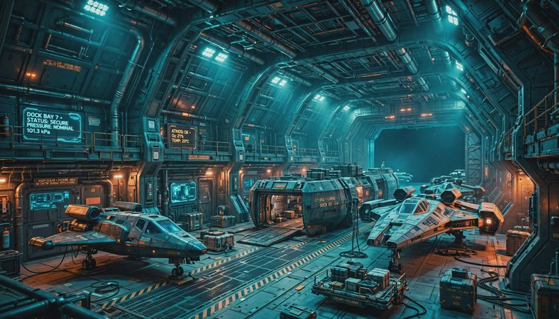 Futuristic sci-fi space station hangar bay lined with docked starfighters, cargo crates, and glow...