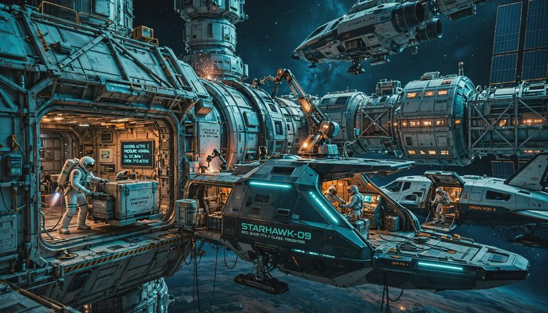 Astronauts transfer cargo between an industrial space station and docked Starhawk-09 freighter in...