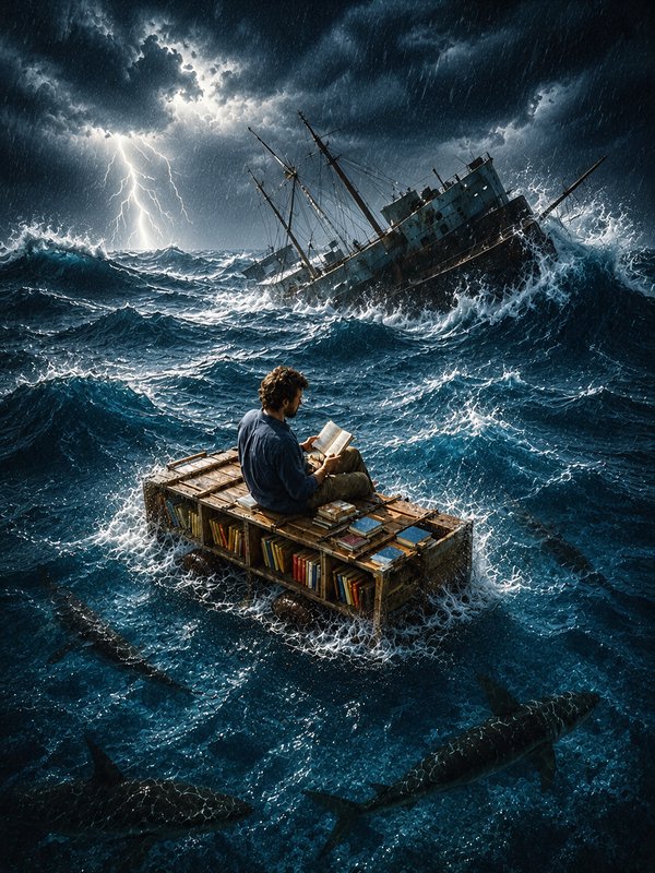 Man reading on floating bookshelf raft amid stormy ocean, with lightning, a sinking ship, and cir...