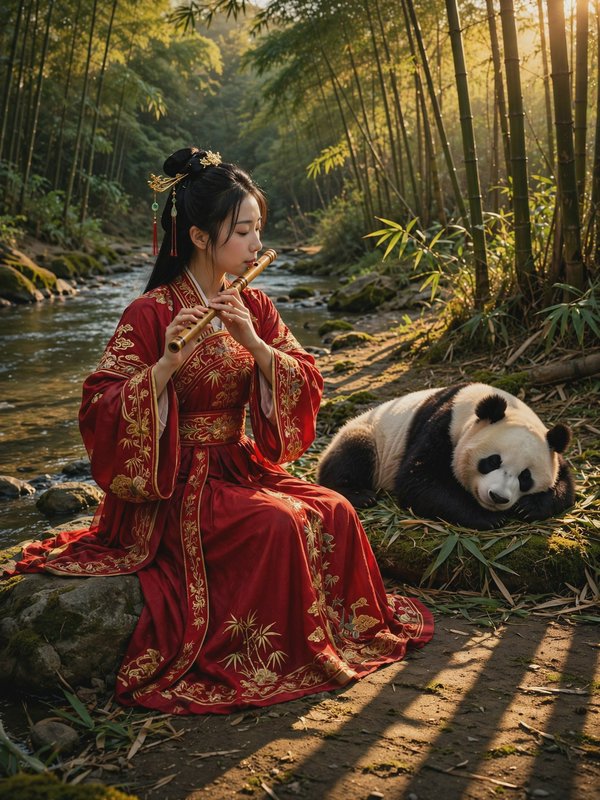 Woman in embroidered red hanfu plays a wooden flute beside a resting giant panda on a sunlit bamb...