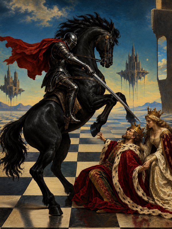 Armored knight on rearing black stallion confronts kneeling king and queen on surreal checkered c...