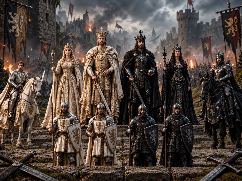 Epic medieval royal court of kings, queens, and armored knights standing before a besieged burnin...