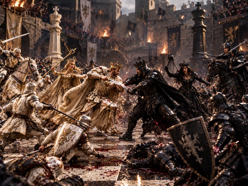 Epic medieval fantasy battle where opposing crowned kings clash swords on a bloodied checkered ca...