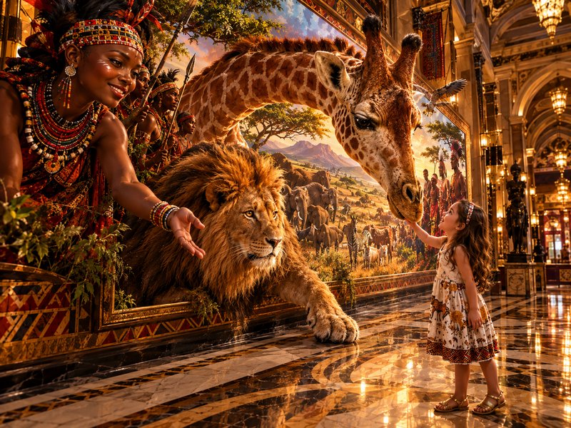 Young girl touches a giraffe emerging from an African savanna mural, alongside a lion and welcomi...