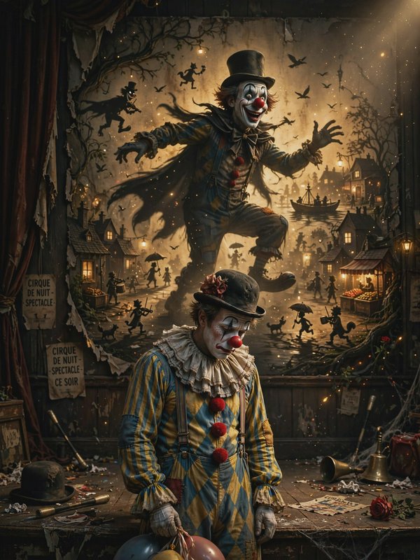 Melancholy vintage clown stands before a surreal eerie circus mural featuring a towering grinning...