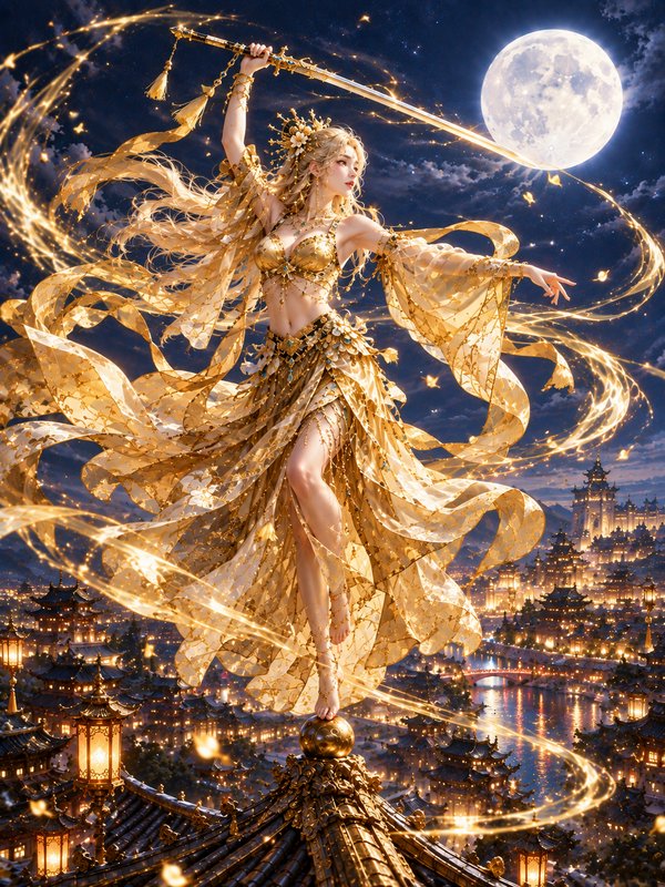 Ethereal golden fantasy figure holding a glowing sword balances on a temple rooftop under a brigh...