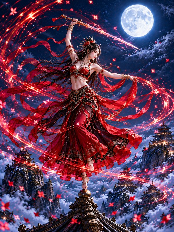 Fantasy female sword dancer in red robes balances atop a pagoda peak under a bright full moon