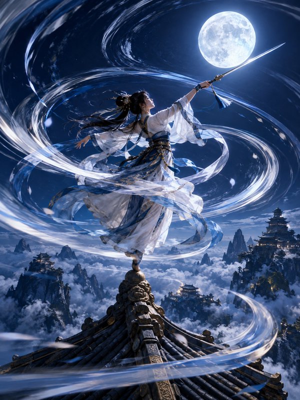 Ethereal hanfu swordswoman stands on a temple roof, holding a blade aloft beneath a bright full moon.