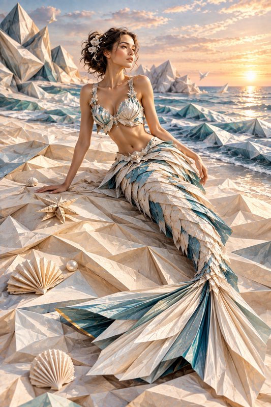 Surreal origami mermaid rests on a faceted folded paper beach at a glowing ocean sunset