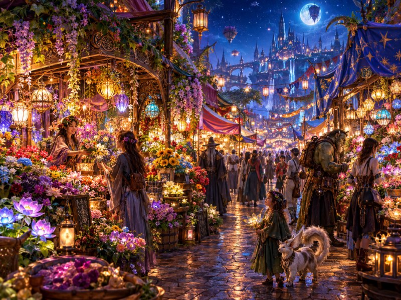 Bustling enchanted fantasy night flower market with glowing lanterns, diverse visitors, and a dis...
