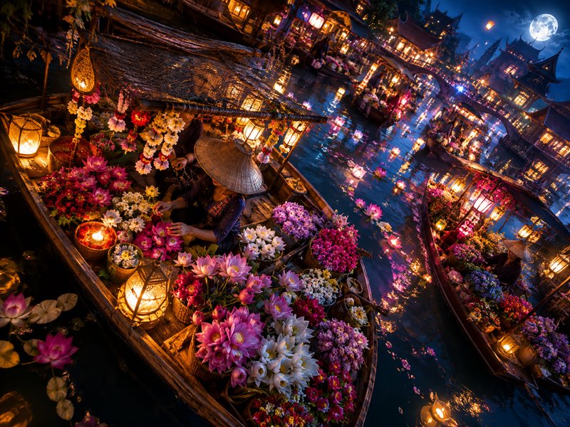 Illuminated night floating market with flower vendor boats under a glowing full moon on reflective canal water