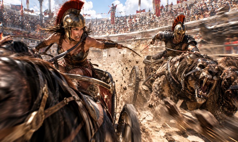 Female gladiator competes in a chaotic high speed chariot race inside a packed ancient Roman coliseum.
