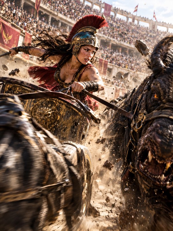 Fierce female gladiator drives an ornate chariot pulled by monstrous beasts in a packed Roman col...