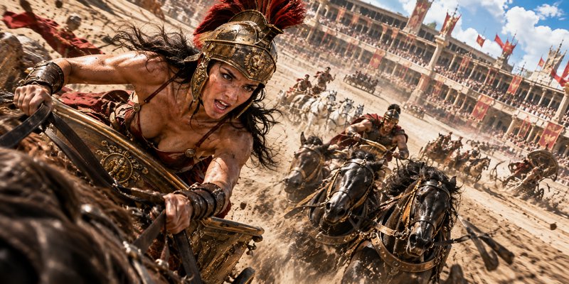 Fierce female gladiator leans into a high speed chariot race inside a packed ancient Roman coliseum