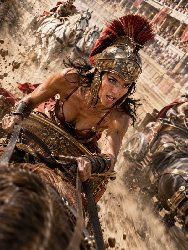 Fierce female gladiator drives a chariot during a chaotic high-speed Roman coliseum race