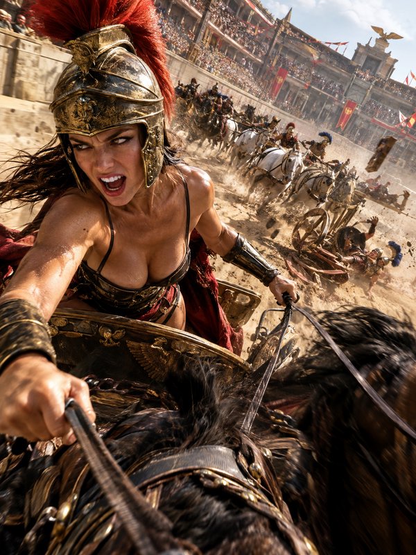 Fierce armored female gladiator drives a chariot mid-race in a crowded Roman coliseum