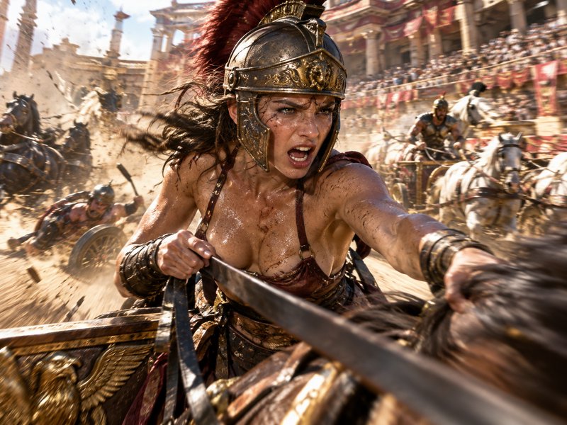 Fierce female gladiator in an ornate plumed helmet leads a chariot race inside a packed Roman coliseum