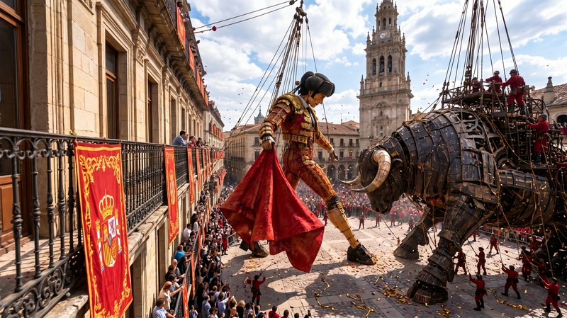 Giant matador and mechanical bull parade puppets face off at a sunlit Spanish city street festival