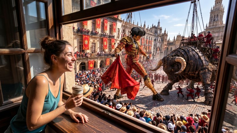 Laughing woman holding coffee watches giant matador and bull parade from a city apartment window