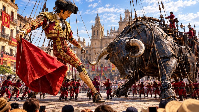 Giant mechanical matador and bull puppets face off at a street festival in a historic Spanish plaza
