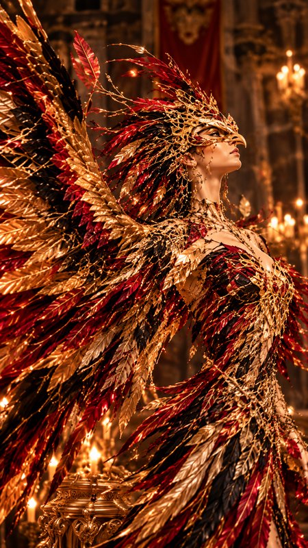 Model in an ornate red gold black phoenix costume and hawk mask poses in a candlelit grand palace
