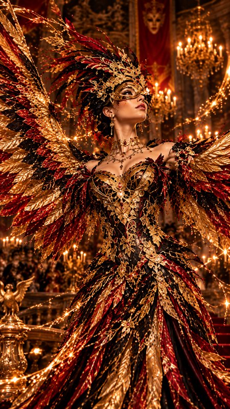 Woman in elaborate winged gold red masquerade gown poses in a candlelit opulent baroque ballroom