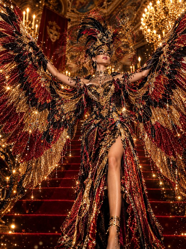 Woman in elaborate winged masquerade gown stands on a grand gilded palace staircase