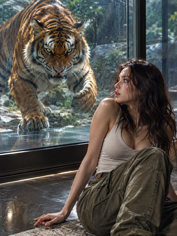 Young woman sitting indoors looks warily over her shoulder at a menacing snarling tiger outside a large glass window