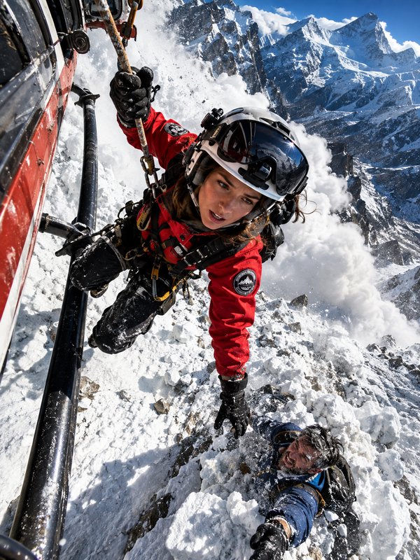 Female mountain rescuer hanging from a helicopter reaches to pull an avalanche survivor from snowy alpine terrain