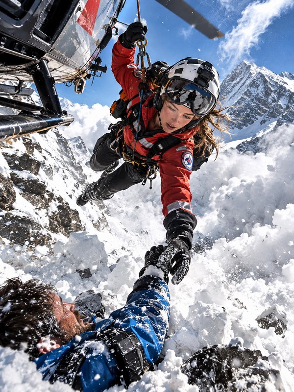 Female mountain rescuer hangs from a helicopter reaching to pull an avalanche-trapped climber from snow
