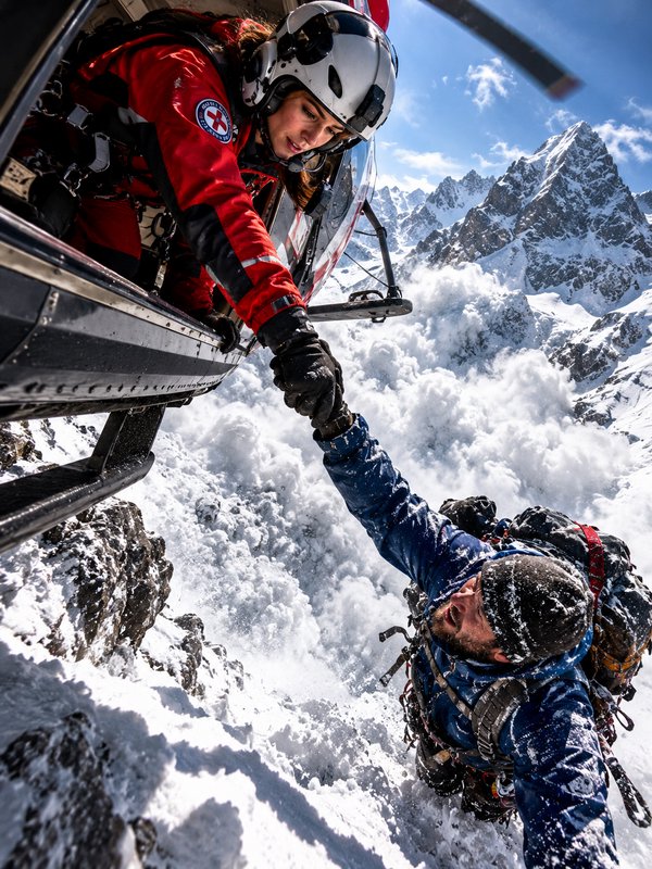 Mountain rescue worker leans out of a hovering helicopter to pull a stranded climber from avalanc...