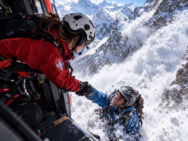 Mountain rescue worker pulls a snow-covered climber from an active avalanche into a hovering heli...