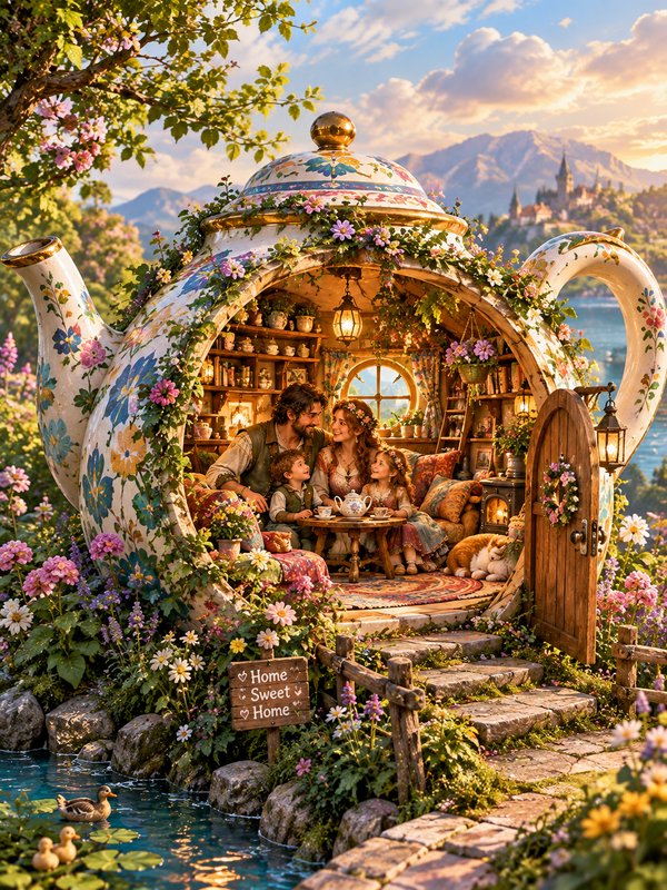 Happy fairytale family having tea inside a giant floral teapot cottage beside a flower-lined stream