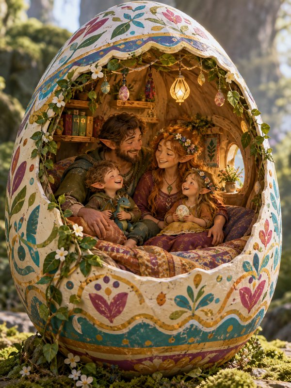 Happy elven family relaxing together inside a whimsical decorated giant egg home in a sunlit moss...