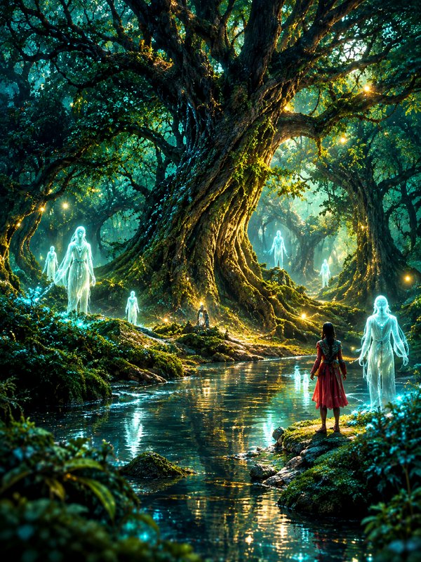 Lone traveler in a red tunic meets glowing ethereal spirits beside a giant ancient forest tree