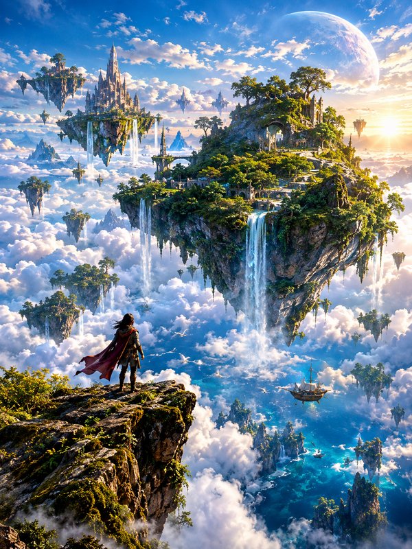 Armored hero with a red cape stands on a cliff overlooking floating fantasy islands above a sea o...