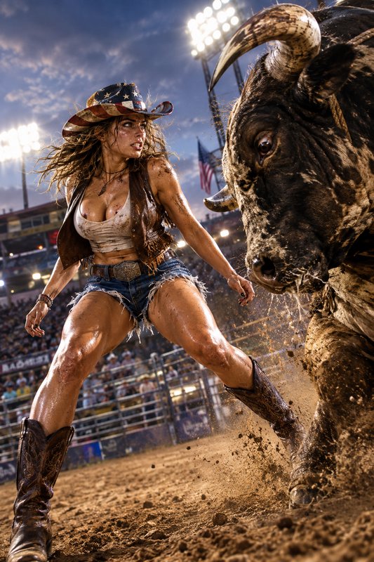 Mud-splashed female rodeo athlete faces off against a charging bull in a floodlit dirt arena at dusk