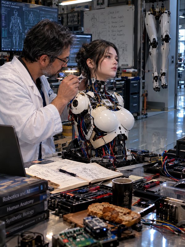 Robotics engineer calibrates an unfinished female humanoid android prototype at a lab workbench
