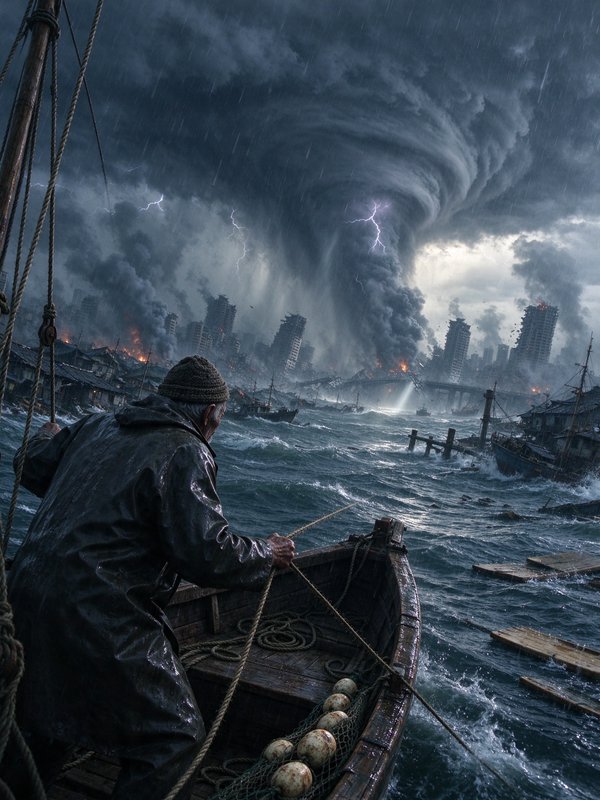 Elderly fisherman in a wooden boat faces a massive tornado over a storm-ravaged burning coastal city