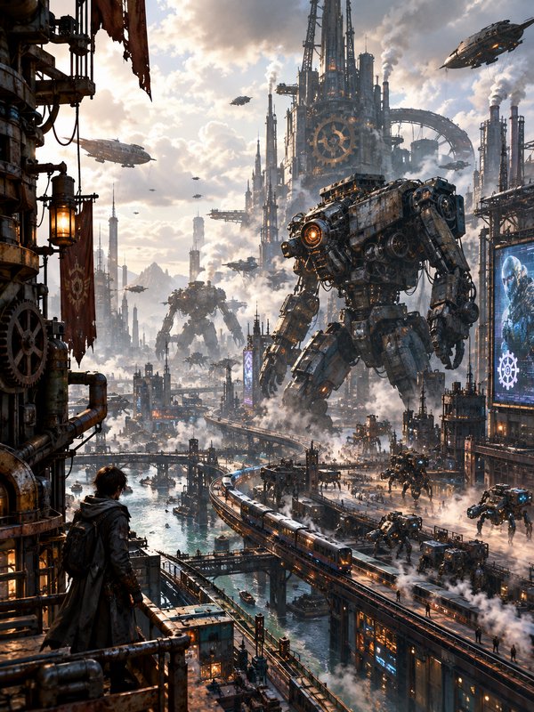 Lone adventurer overlooks a sprawling steampunk city populated by giant mechs and flying airships.
