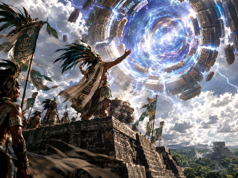Aztec priest on a stone pyramid summons a swirling glowing cosmic portal above a jungle valley