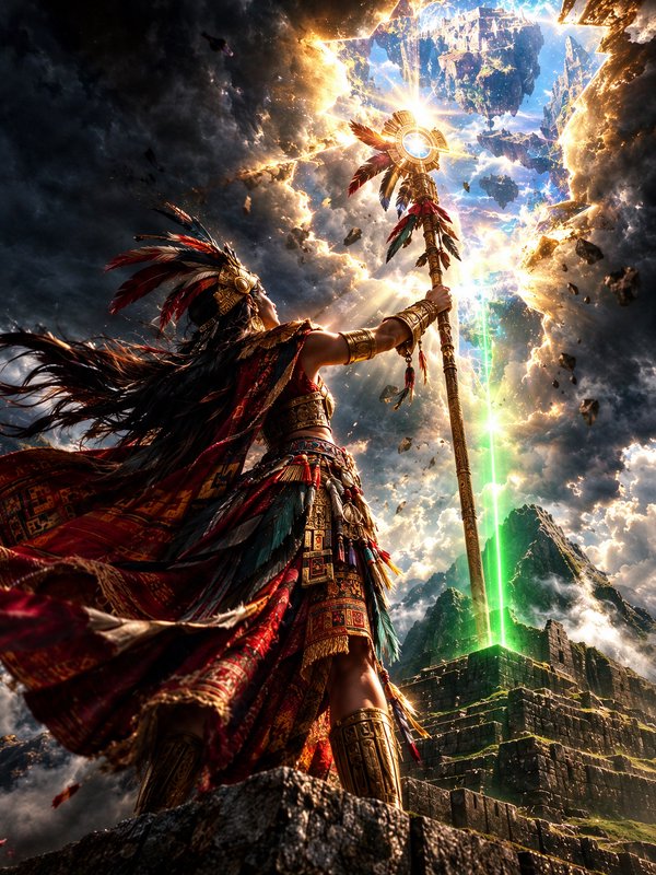 Aztec warrior priestess holds a glowing staff atop a stone pyramid as a magical portal opens in s...