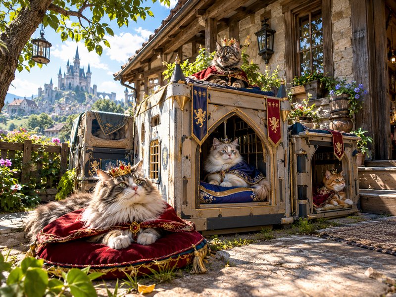 Regal crowned cats in royal velvet robes rest on ornate cat thrones in a sunlit medieval courtyar...