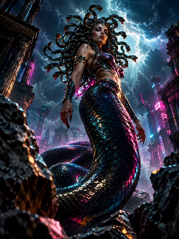 Cyberpunk Medusa with coiled snake hair and scaled serpent body looms over rocky ruins under a li...